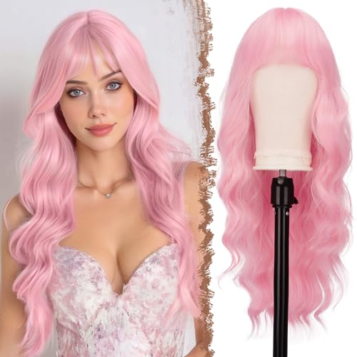 FESHFEN Lange Rosa Perücke mit Pony für Frauen Natürliche Synthetik Gewellt Lockig Wellig Haare Hitzebeständig Damen Perücken für Tägliche Party Cosplay Karneval, 65 CM von FESHFEN