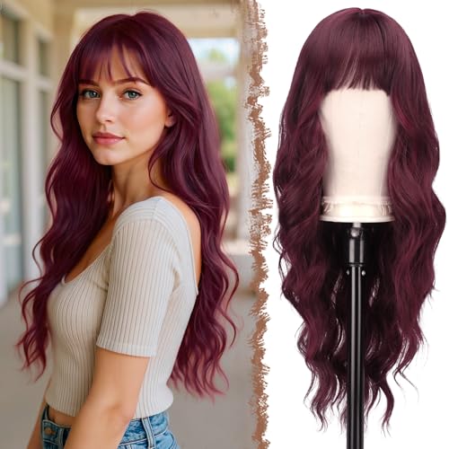 FESHFEN Lange Rot Perücke mit Pony für Frauen Natürliche Synthetik Gewellt Lockig Wellig Haare Hitzebeständig Damen Perücken für Tägliche Party Cosplay Karneval, 65 CM von FESHFEN