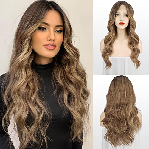 FESHFEN Lange Wellig Balayage Braun Perücken, Lace Front Perücke Mittelscheitel Frauen Synthetik Haar Wellen Lang Wig Natürliche Haar Gewellte Braun Perücken für Damen 65 cm von FESHFEN