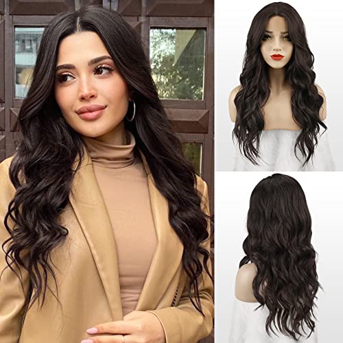 FESHFEN Lange Wellig Mittelbraun Perücken, Lace Front Perücke Mittelscheitel Frauen Synthetik Haar Wellen Lange Wig Natürliche Haar Gewellte Perücken für Damen 65 cm von FESHFEN