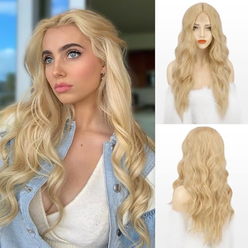 FESHFEN Lange Wellig Perücken Blond Perücken, Lace Front Perücke Blonde Mittelscheitel Frauen Synthetik Haar Wellen Lang Wig Natürliche Gewellte Blond Perücken für Damen, 65 cm von FESHFEN