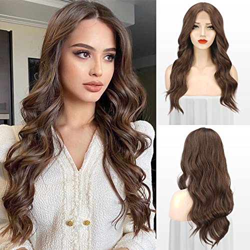 FESHFEN Lange Wellig Perücken Gemischtes Braun, Lace Front Perücke Mittelscheitel Frauen Synthetik Haar Wellen Lang Wig Natürliche Gewellte Braun Perücken für Damen, 65 cm von FESHFEN