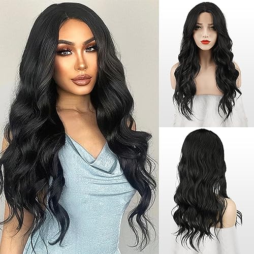 FESHFEN Lange Wellig Perücken Schwarz, Lace Front Perücke Mittelscheitel für Damen Frauen Synthetik Haar Wellen Wig Natürliche Gewellte Perücken für Karneval, 65 cm von FESHFEN