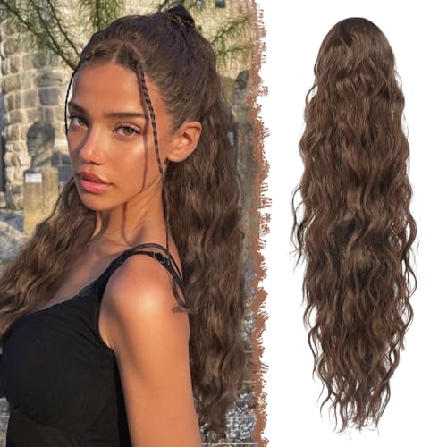 FESHFEN Lange Zopf Pferdeschwanz Haarextension mit kordelzug Lang Wellig Lockig Braun Synthetik Haarverlängerung Natürliches Clip in Haarteil Ponytail Kunsthaar Haarzopf für Damen 65cm von FESHFEN