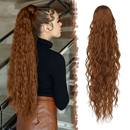 FESHFEN Lange Zopf Pferdeschwanz Haarextension mit kordelzug Lang Wellig Lockig Helles Rotbraun Synthetik Haarverlängerung Natürliches Clip in Haarteil Ponytail Kunsthaar Haarzopf für Damen 65cm von FESHFEN