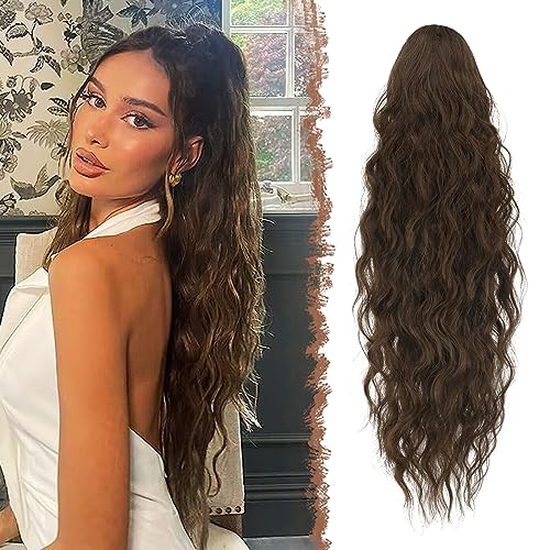 FESHFEN Lange Zopf Pferdeschwanz Haarextension mit kordelzug Lang Wellig Lockig Moosbraun Synthetik Haarverlängerung Natürliches Clip in Haarteil Ponytail Kunsthaar Haarzopf für Damen 65cm von FESHFEN