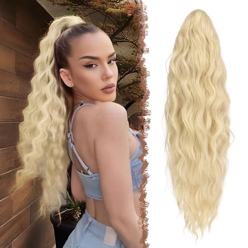 FESHFEN Lange Zopf Pferdeschwanz Haarextension mit kordelzug Lang Wellig Lockig Platinblond Synthetik Haarverlängerung Natürliches Clip in Haarteil Ponytail Kunsthaar Haarzopf für Damen 65cm von FESHFEN