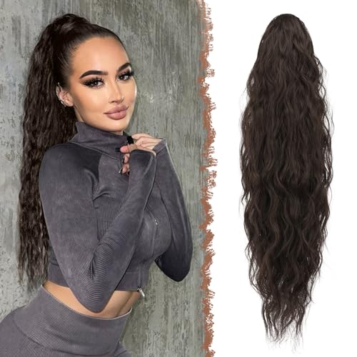 FESHFEN Lange Zopf Pferdeschwanz Haarextension mit kordelzug Lang Wellig Lockig Schwarz Braun Synthetik Haarverlängerung Natürliches Clip in Haarteil Ponytail Kunsthaar Haarzopf für Damen 65cm von FESHFEN