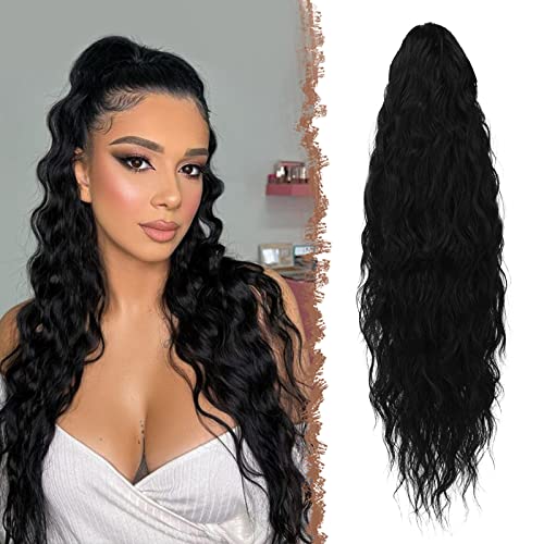 FESHFEN Lange Zopf Pferdeschwanz Haarextension mit kordelzug Lang Wellig Lockig Schwarz Synthetik Haarverlängerung Natürliches Clip in Haarteil Ponytail Kunsthaar Haarzopf für Damen 65cm von FESHFEN