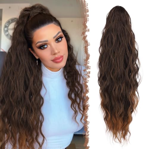 FESHFEN Lange Zopf Pferdeschwanz Haarextension mit kordelzug Lang Wellig Lockig Synthetik Haarverlängerung Natürliches Clip in Haarteil Kunsthaar Ponytail für Damen, Schwarz to Auburn von FESHFEN