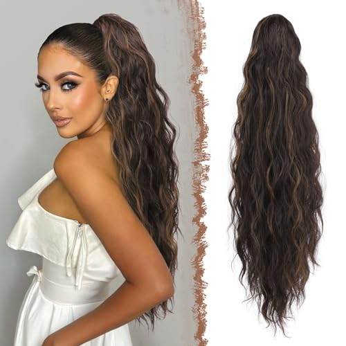 FESHFEN Lange Zopf Pferdeschwanz Haarextension mit kordelzug Lang Wellig Lockig Synthetik Haarverlängerung Natürliches Clip in Haarteil Kunsthaar Ponytail für Damen, Schwarzbraun Gemischt Hellbraun von FESHFEN