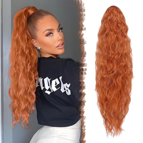 FESHFEN Lange Zopf Pferdeschwanz Haarextension mit kordelzug Lang Wellig Lockig Synthetik Haarverlängerung Natürliches Clip in Haarteil Kunsthaar Ponytail für Damen Kupferrot von FESHFEN