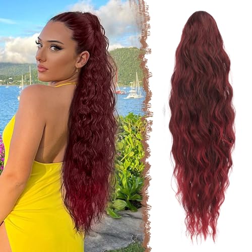 FESHFEN Lange Zopf Pferdeschwanz Haarextension mit kordelzug Lang Wellig Lockig Synthetik Haarverlängerung Natürliches Clip in Haarteil Kunsthaar Ponytail für Damen Schwarz und Burgund Tipps von FESHFEN