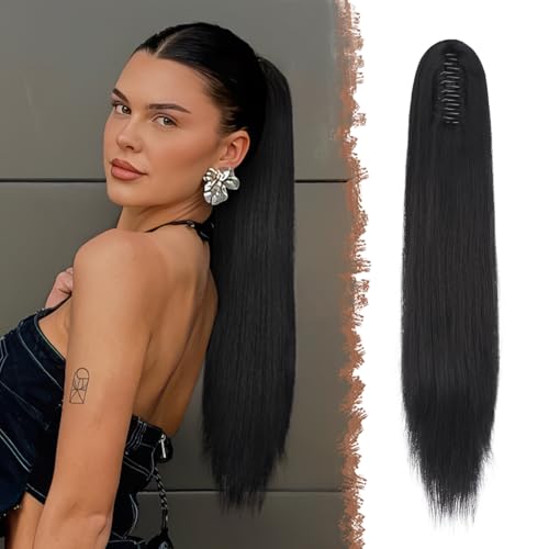 FESHFEN Langer Pferdeschwanz Haarteil - Glatte Aus Schwarz Zopf Extensions mit Klammer Synthetik Haarverlängerung Claw Clip in Ponytail Haare Extension für Damen, 63 cm von FESHFEN