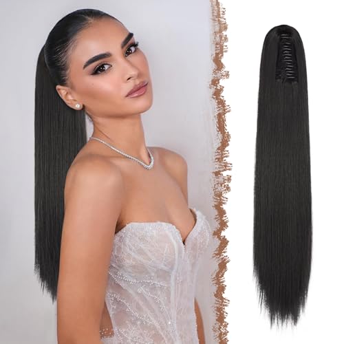 FESHFEN Langer Pferdeschwanz Haarteil - Glatte Natürlich Schwarz Zopf Extensions mit Klammer Synthetik Haarverlängerung Claw Clip in Ponytail Haare Extension für Damen, 63 cm von FESHFEN