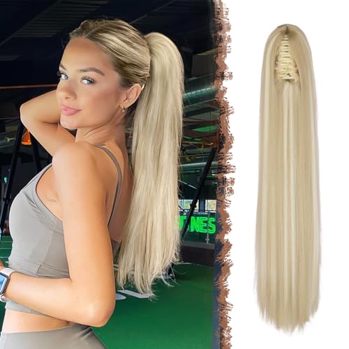 FESHFEN Langer Pferdeschwanz Haarteil - Glatte Schmutzige Blondine Zopf Extensions mit Klammer Synthetik Haarverlängerung Claw Clip in Ponytail Haare Extension für Damen, 63 cm von FESHFEN