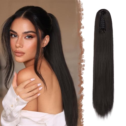 FESHFEN Langer Pferdeschwanz Haarteil - Glatte Schwarz Braun Zopf Extensions mit Klammer Synthetik Haarverlängerung Claw Clip in Ponytail Haare Extension für Damen, 63 cm von FESHFEN