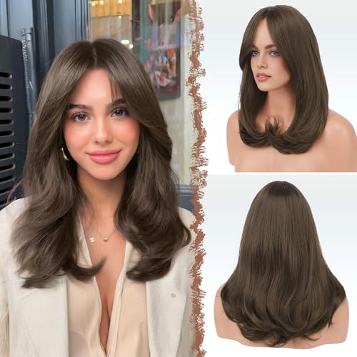 FESHFEN Lang Perücken mit Pony, Damen Perücken Mittelbraun Synthetik Haar Natürlicher Look Kunsthaar Haarperücke für Frauen für Tägliche Party Cosplay 45 cm von FESHFEN
