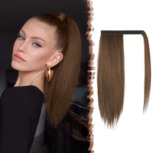 FESHFEN Pferdeschwanz Extensions Glatt Lang Haarteil Zopf Clip in Ponytail Synthetik Haare Extension Haarverlängerung für Damen, 35 cm Schokolade Hellbraun von FESHFEN