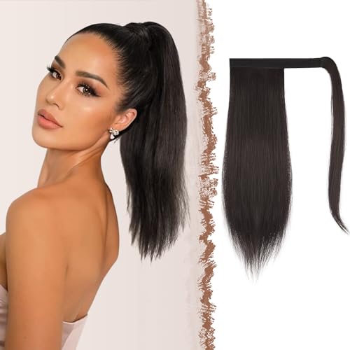 FESHFEN Pferdeschwanz Extensions Glatt Lang Pferdeschwanz Verlängerung Haarteil Zopf Dunkelstes Braun Clip in Ponytail Extension Synthetik Haare Extensions Zopf Haarverlängerung für Damen, 35 cm von FESHFEN