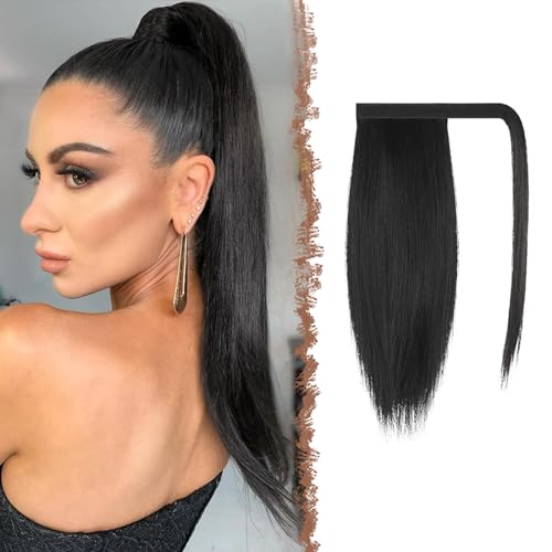 FESHFEN Pferdeschwanz Extensions Glatt Lang Pferdeschwanz Verlängerung Haarteil Zopf Clip in Ponytail Extension Synthetik Haarverlängerung für Damen, 35 cm Natürliches Schwarz von FESHFEN