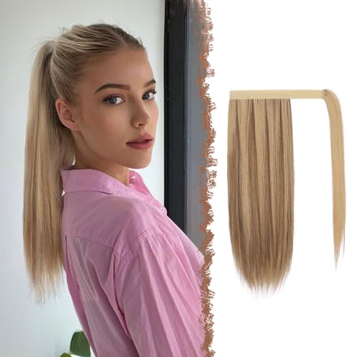 FESHFEN Pferdeschwanz Extensions Glatt Lang Pferdeschwanz Verlängerung Haarteil Zopf Clip in Ponytail Extension Synthetik Haare Extensions Zopf Haarverlängerung für Damen, 40 cm Braun gemischt Blond von FESHFEN