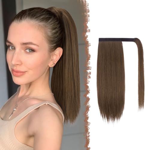 FESHFEN Pferdeschwanz Extensions Glatt Lang Pferdeschwanz Verlängerung Haarteil Zopf Clip in Ponytail Extension Synthetik Haare Extensions Zopf Haarverlängerung für Damen, 40 cm Moosbraun von FESHFEN