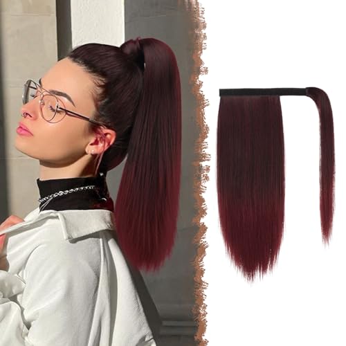 FESHFEN Pferdeschwanz Extensions Glatt Lang Pferdeschwanz Verlängerung Haarteil Zopf Clip in Ponytail Extension Synthetik Haare Extensions Zopf Haarverlängerung für Damen, 40 cm Schwarz Ombre Rot von FESHFEN