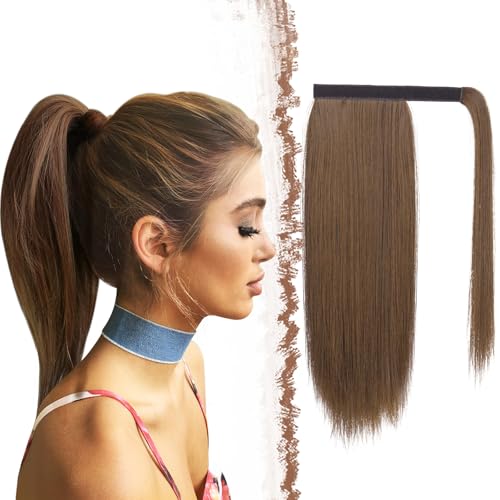 FESHFEN Pferdeschwanz Extensions Glatt Lang Pferdeschwanz Verlängerung Haarteil Zopf Clip in Ponytail Extension Synthetik Haare Extensions Zopf Haarverlängerung für Damen, 45 cm Braun Mix Rotbraun von FESHFEN