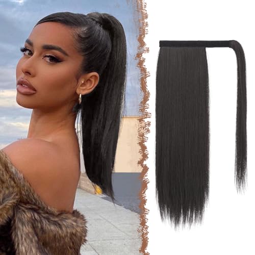 FESHFEN Pferdeschwanz Extensions Glatt Lang Pferdeschwanz Verlängerung Haarteil Zopf Clip in Ponytail Extension Synthetik Haare Extensions Zopf Haarverlängerung für Damen, 45 cm Schwarzes Braun von FESHFEN