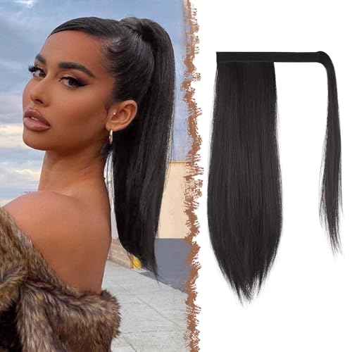 FESHFEN Pferdeschwanz Extensions Glatt Lang Pferdeschwanz Verlängerung Haarteil Zopf Clip in Ponytail Extension Synthetik Haare Extensions Zopf Haarverlängerung für Damen, 40 cm Schwarzes Braun von FESHFEN