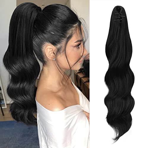 FESHFEN Pferdeschwanz Extensions Klammer, 50 cm Haar Extensions Zopf Lang Pferdeschwanz Haarteil Clip Gewellt Extensions Zopf Schwarz Pferdeschwanz Haarverlängerung für Frauen von FESHFEN