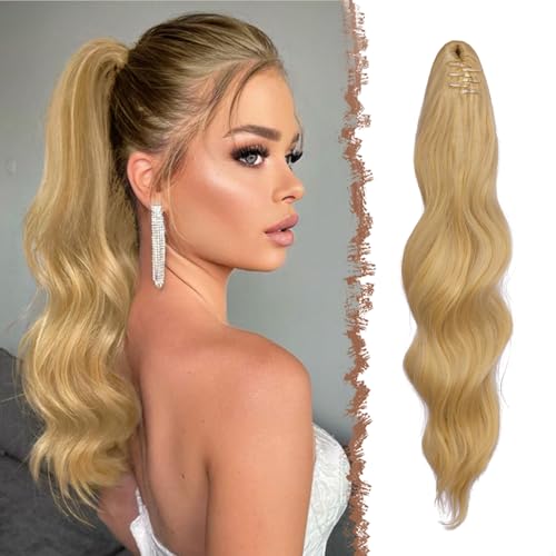 FESHFEN Pferdeschwanz Extensions Klammer, 50 cm Hair Extensions Zopf Lang Pferdeschwanz Haarteil Clip Gewellt Extensions Zopf Helles Honigblond Pferdeschwanz Haarverlängerung für Frauen von FESHFEN