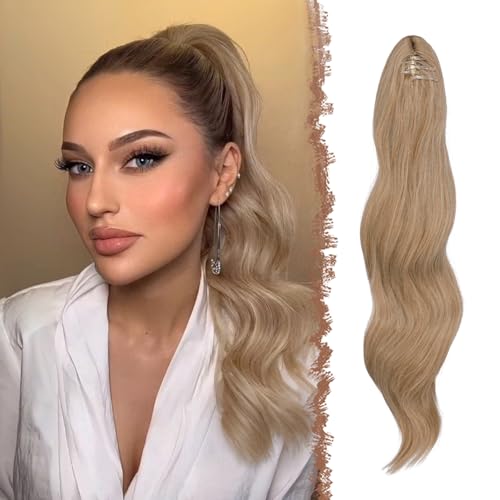 FESHFEN Pferdeschwanz Extensions Klammer, 50 cm Hair Extensions Zopf Lang Pferdeschwanz Haarteil Clip Gewellt Extensions Zopf Blond und Aschblond Gemischt Pferdeschwanz Haarverlängerung für Frauen von FESHFEN