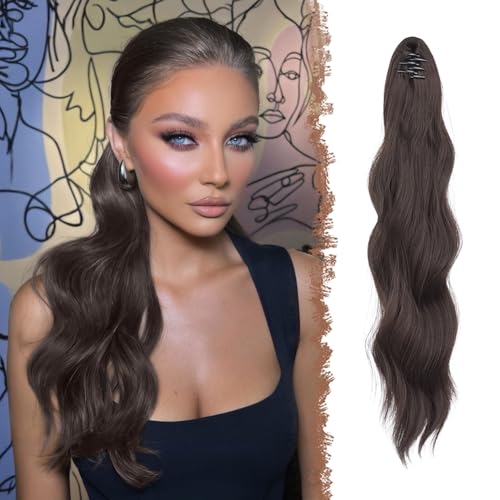 FESHFEN Pferdeschwanz Extensions Klammer, 50 cm Hair Extensions Zopf Lang Pferdeschwanz Haarteil Clip Gewellt Extensions Zopf Braun Pferdeschwanz Haarverlängerung für Frauen von FESHFEN