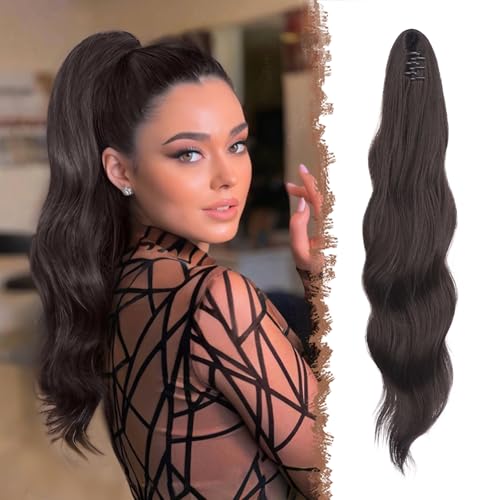 FESHFEN Pferdeschwanz Extensions Klammer, 50 cm Hair Extensions Zopf Lang Haarteil Clip Gewellt Dunkelbraun Haarverlängerung für Frauen von FESHFEN