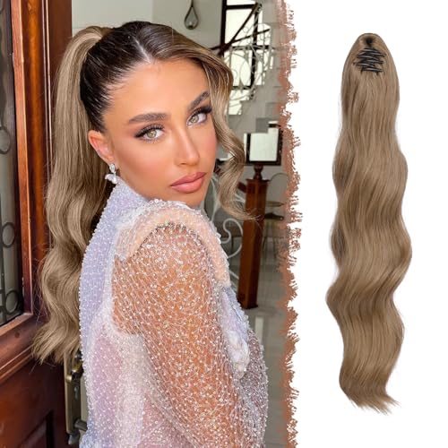 FESHFEN Pferdeschwanz Extensions Klammer, 50 cm Hair Extensions Zopf Lang Pferdeschwanz Haarteil Clip Gewellt Extensions Zopf Pferdeschwanz Haarverlängerung für Frauen Hellbraun & Naturblond von FESHFEN