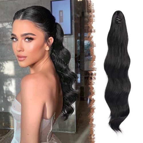 FESHFEN Pferdeschwanz Extensions Klammer, 50 cm Hair Extensions Zopf Lang Pferdeschwanz Haarteil Clip Gewellt Extensions Zopf Pferdeschwanz Haarverlängerung für Frauen Damen Schwarz von FESHFEN