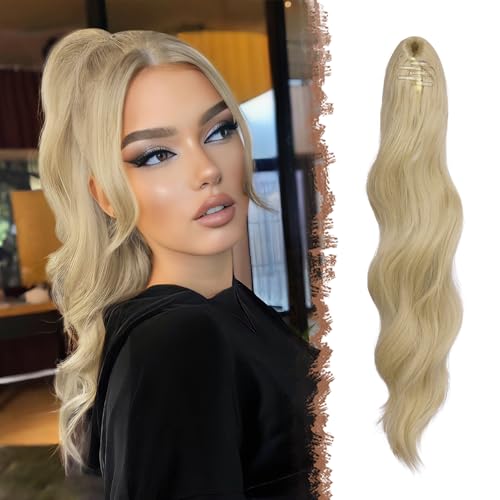 FESHFEN Pferdeschwanz Extensions Klammer, 50 cm Hair Extensions Zopf Lang Pferdeschwanz Haarteil Clip Gewellt Extensions Zopf Pferdeschwanz Haarverlängerung für Frauen Damen Aschblond von FESHFEN