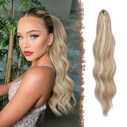 FESHFEN Pferdeschwanz Extensions Klammer, 50 cm Hair Extensions Zopf Lang Pferdeschwanz Haarteil Clip Gewellt Zopf Dreckiges Blond Pferdeschwanz Haarverlängerung für Frauen von FESHFEN