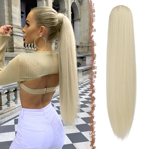 FESHFEN Pferdeschwanz Extensions mit Kordelzug Lang Gerade Zopf Kordelzug Pferdeschwanz Haarteil Glatt Aschblond Haarverlängerungen Synthetik Drawstring Ponytail Extension für Damen 70 cm von FESHFEN