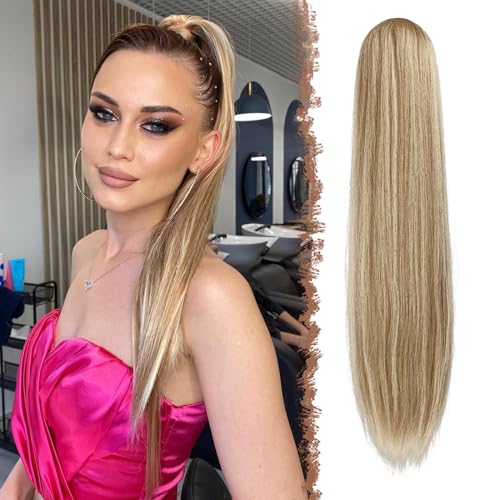 FESHFEN Pferdeschwanz Extensions mit Kordelzug Lang Gerade Zopf Kordelzug Pferdeschwanz Haarteil Glatt Gemischtes Blond Haarverlängerungen Synthetik Drawstring Ponytail Extension für Damen 50 cm von FESHFEN