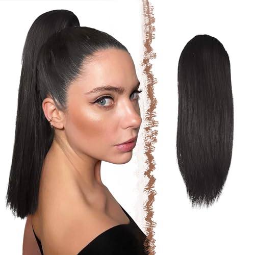 FESHFEN Pferdeschwanz Extensions mit Kordelzug Lang Gerade Zopf Pferdeschwanz Haarteil Glatt Haarverlängerungen Synthetik Drawstring Ponytail Extension für Damen 30 cm Dunkelstes Braun von FESHFEN