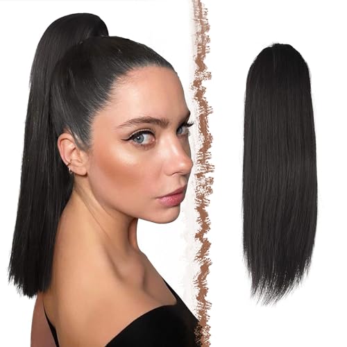 FESHFEN Pferdeschwanz Extensions mit Kordelzug Lang Gerade Zopf Pferdeschwanz Haarteil Glatt Haarverlängerungen Synthetik Drawstring Ponytail Extension für Damen 35 cm Dunkelstes Braun von FESHFEN