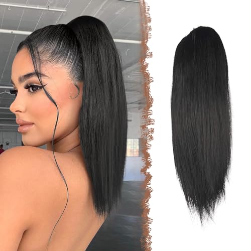 FESHFEN Pferdeschwanz Extensions mit Kordelzug Lang Gerade Zopf Pferdeschwanz Haarteil Glatt Haarverlängerungen Synthetik Drawstring Ponytail Extension für Damen 35 cm Natürliches Schwarz von FESHFEN