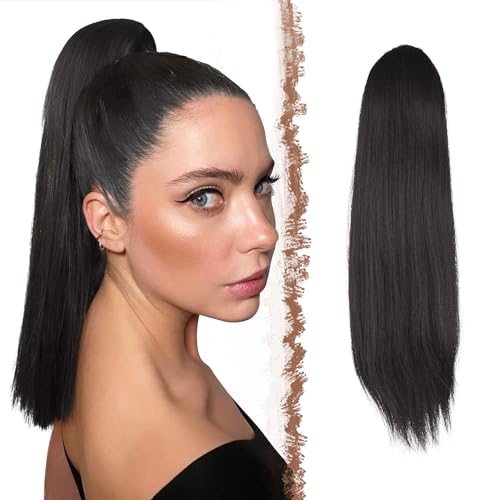 FESHFEN Pferdeschwanz Extensions mit Kordelzug Lang Gerade Zopf Pferdeschwanz Haarteil Glatt Haarverlängerungen Synthetik Drawstring Ponytail Extension für Damen 40 cm Dunkelstes Braun von FESHFEN