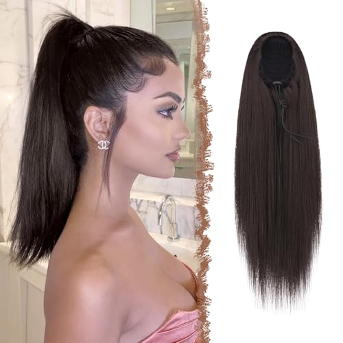 FESHFEN Pferdeschwanz Extensions mit Kordelzug Lang Gerade Zopf Pferdeschwanz Haarteil Glatt Haarverlängerungen Synthetik Drawstring Ponytail Extension für Damen 40 cm Dunkelstes Braun von FESHFEN