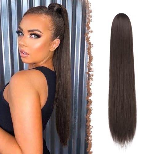 FESHFEN Pferdeschwanz Extensions mit Kordelzug Lang Gerade Zopf Kordelzug Pferdeschwanz Haarteil Glatt Haarverlängerungen Synthetik Drawstring Ponytail Extension für Damen 50 cm Braun von FESHFEN