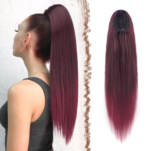 FESHFEN Pferdeschwanz Extensions mit Kordelzug Lang Gerade Zopf Kordelzug Pferdeschwanz Haarteil Glatt Haarverlängerungen Synthetik Drawstring Ponytail Extension für Damen 50 cm Schwarz und Burgund von FESHFEN