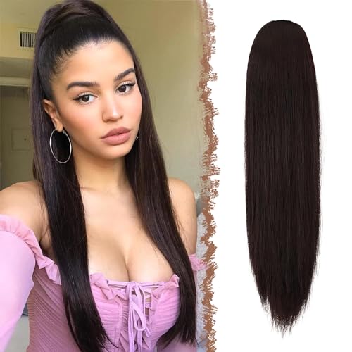 FESHFEN Pferdeschwanz Extensions mit Kordelzug Lang Gerade Zopf Kordelzug Pferdeschwanz Haarteil Glatt Haarverlängerungen Synthetik Drawstring Ponytail Extension für Damen 50 cm Dunkelbraun von FESHFEN